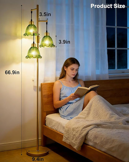 3-Light Modern Glass Floor Lamp, Gold Standing Tall Lamp with Green Lily Glass Shade for Reading, Dimmable LED Floor Lamp with 5Lbs Heavy Base for Living Room Bedroom Home Decor, Bulb Included