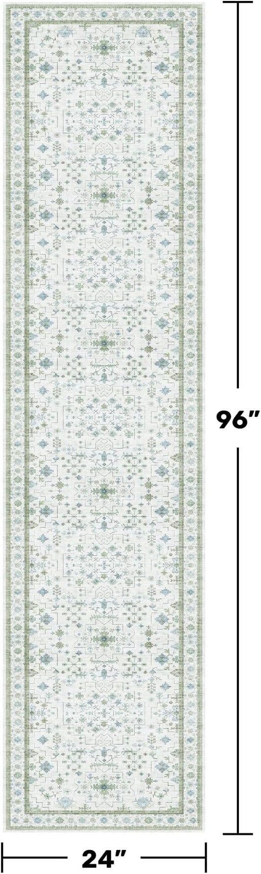 Hazo Haus Washable Oushak 2x8 Bathroom Runner Rug - Vintage Turkish Floral 8ft Long Low Pile Non Slip Runners for Kitchen, Hallway - Cream Blue and Green