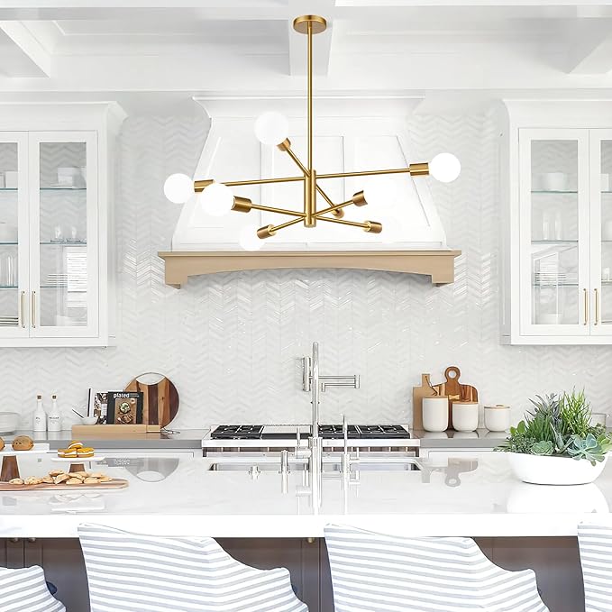 10.9"-52.3" Height Adjustable Modern Chandelier Ceiling Light Fixture, 8-Light Sputnik Chandeliers Brushed Gold Mid Century Chandelier Over Table, Chandeliers for Dining Room (Bulbs Not Included)