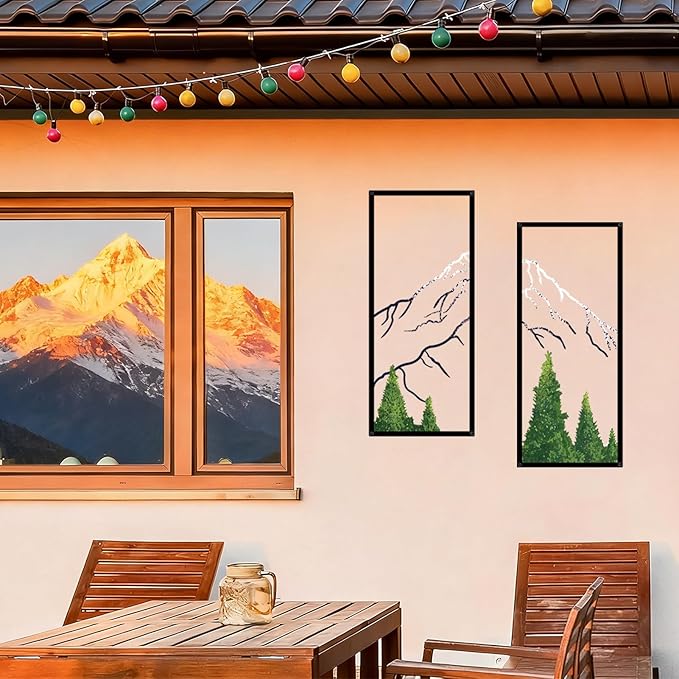ruelen 4 Pcs Metal Mountain Forest Snow Mountain Wall Decorations，Abstract Minimalist Line Drawing Colorful Mountains Wall Art Home Decor for Living Room Bathroom Bedroom Office（Green，Small）