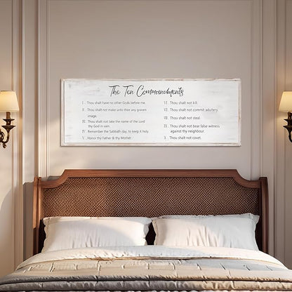 The Ten Commandments Rustic Bible Verse Framed Wall Sign For Family Living Room Kitchen Farmhouse Dining Room Vintage Boho Wall Art Decoration For God Jesus Christ Prayer, 40 x 15 Inch, White