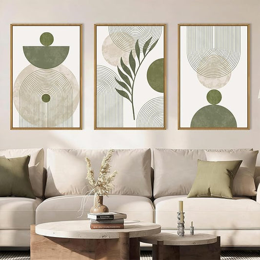 DRACIT Large Sage Green Boho Framed Canvas Wall Art Set,Abstract Modern Beige Green Arch Wall Decor,Minimalist Leaf Lines Artwork for Living Room,Bedroom,Office-16 x24 x3