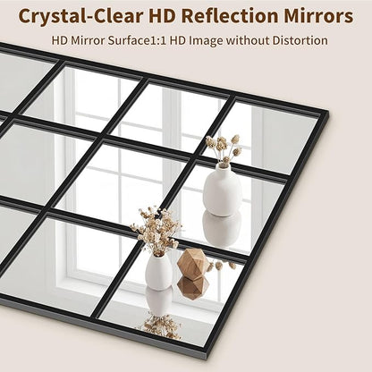 Window Pane Mirror, 28x20 Decorative Wall Mirrors, Black Metal Framed Windowpane Mirror for Farmhouse & Modern Bedroom, Living Room, Dining Room, Entryway, Fireplace Decor with Hanging or Leaning