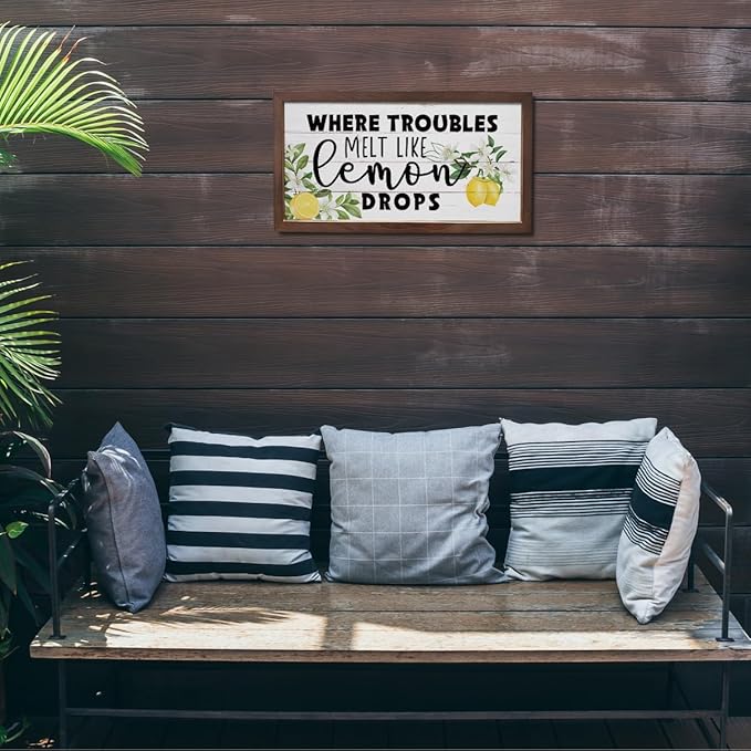 Lemon Decor Sign, Summer Home Decors, Kitchen Wall Art, Decorative Wooden Wall Plaque, Rustic Framed Wood Hanging Signs, Where Troubles Melt Like Lemon Drops Sign 15×7.5×0.3 inches