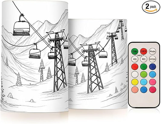 ALAZA Mountain Ski Lift Sketch Flickering Flameless Candles Battery Operated with Remote Timer,Tea Light Candles LED Pillar Votive Candles Set of 2 for Outdoor Indoor Decorations