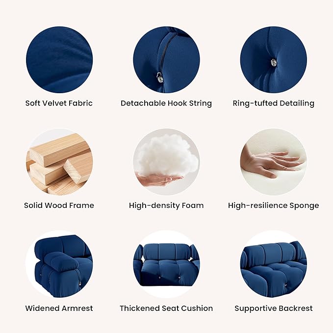69'' Modular Sectional Sofa, Modern Luxury Velvet Loveseat Sofa, Minimalist Bubble Couch, Deep Seat Cloud Sectional Couches for Living Room, Apartment (2 Seats, Blue)