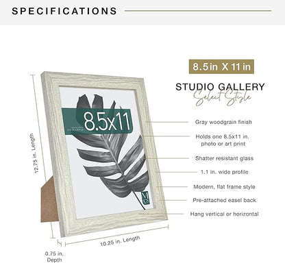 MCS Studio Gallery 8.5x11 Picture Frame Gray Woodgrain Engineered Wood, Rectangle Photo Frame for Photos, Posters & Art Prints & Easel for Tapletop Display (1-Pack)