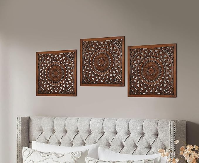 Wooden Designer Wall Hanging Plaques/Wall Plaque Wall Décor Plaques Set of 4-16x16 Inch - Burnt, Elegant Sculpture Wall Décor Panel to Enhance the Décor of Your Room or Office