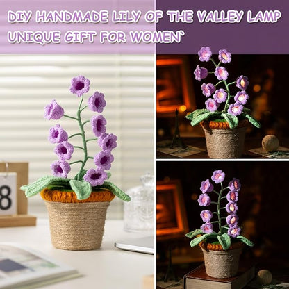 Lily of The Valley Lamp, Purple Crochet Artificial Flowers with Night Lights, Cordless Table Lamp -Birthday Gifts for Women,Cozy Home Decor Mothers Day Gifts