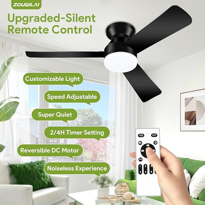 Ceiling Fans with Lights - 42 Inch Low Profile Ceiling Fan with Light and Remote, Reversible DC Motors, 3CCT Dimmable Timer Noiseless, Black Flush Mount Ceiling Fan for Bedroom/Living Room