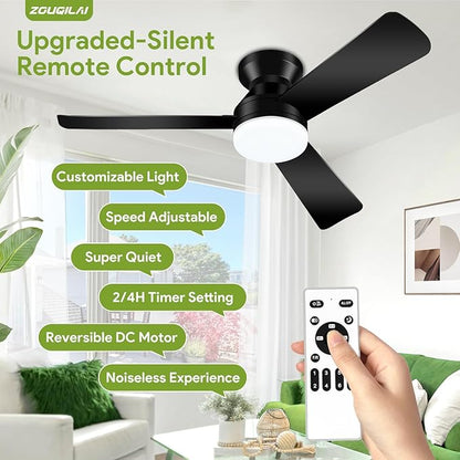 Ceiling Fans with Lights - 42 Inch Low Profile Ceiling Fan with Light and Remote, Reversible DC Motors, 3CCT Dimmable Timer Noiseless, Black Flush Mount Ceiling Fan for Bedroom/Living Room