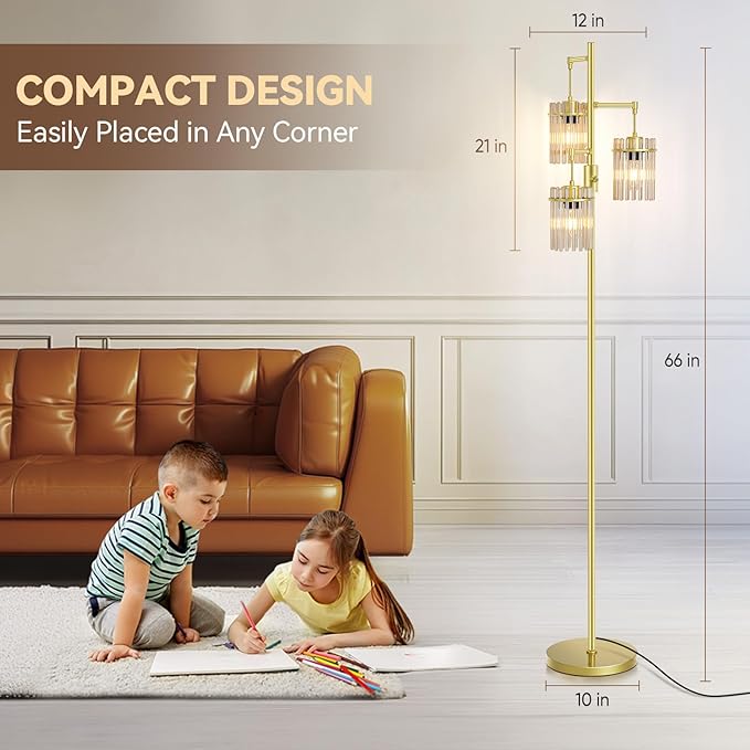 Farmhouse Glod Modern Floor Lamps for Living Room, Dimmable Glass Tree Standing Tall Lamps with 3 Elegant Teardrop Cage Head & 800 Lumens LED Bulbs for Bedroom Office (65inch Tall)