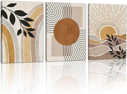 WENGTIAO 3Pcs Boho Orange Desert Canvas Wall Art Colorful Geometric Line Leaf Sun Prints Pictures Paintings Abstract Mid Century Nature Plant Artwork for Living Room Bedroom Office Bathroom 16x24x3