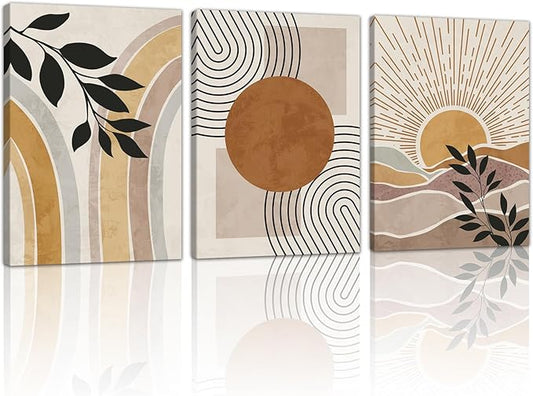 WENGTIAO 3Pcs Boho Orange Desert Canvas Wall Art Colorful Geometric Line Leaf Sun Prints Pictures Paintings Abstract Mid Century Nature Plant Artwork for Living Room Bedroom Office Bathroom 12x16x3