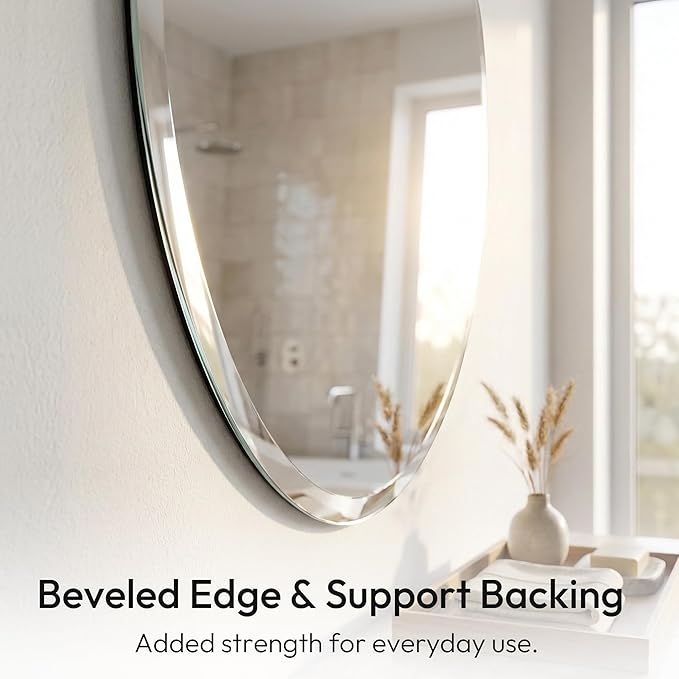 24x36 Inch Oval Frameless Bathroom Mirror with Solid Backing, Large Beveled Vanity Wall Mirror for Over Sink, Modern Mirror for Double Vanity, Entryway