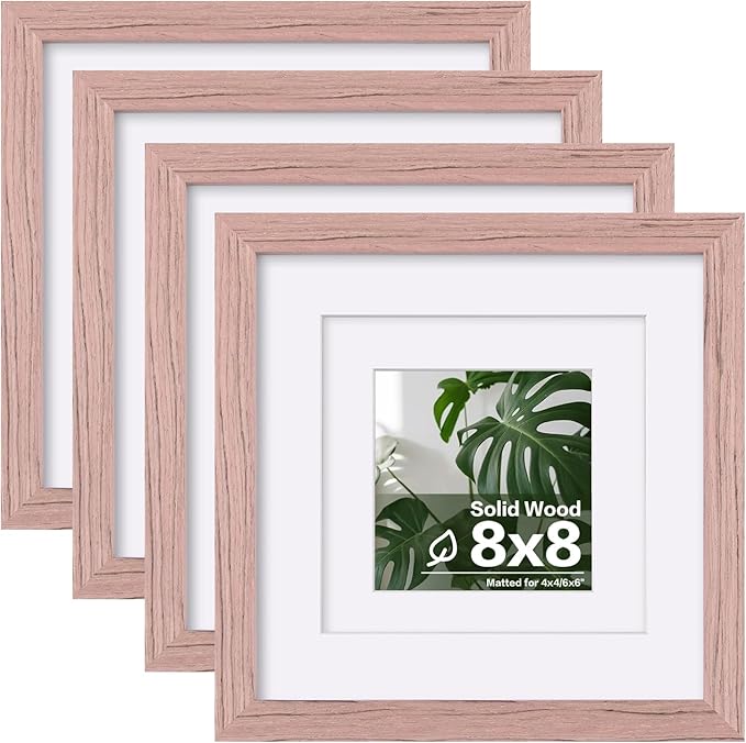 Egofine 8x8 Picture Frame 4PCS, Made of Solid Wood Covered by Plexiglass Display 4x4/6x6 with Mat or 8x8 without Mat, for Table Top Display and Wall Mounting Photo Frame, Peach Pink
