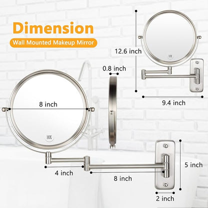 Wall Mounted Makeup Mirror - 1X/10X Magnifying Mirror Double Sided, 8 Inch Extendable Bathroom Mirror, Nickel Finish
