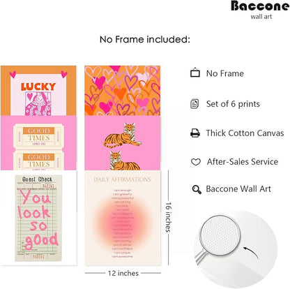 Preppy Wall Art Pink Orange Wall Decor Trendy Canvas Wall Art Aesthetic Pictures Girl Posters Inspirational Daily Affirmation Prints Lucky You Artwork Set of 6 for Dorm Room 12x16 Inch Unframed