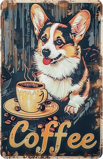 Metal Signs Corgi dog Coffee Sign Vintage Signs Retro Aluminum Tin Sign for Kitchen Office Home Bar Cafe Decor 8x12 Inch