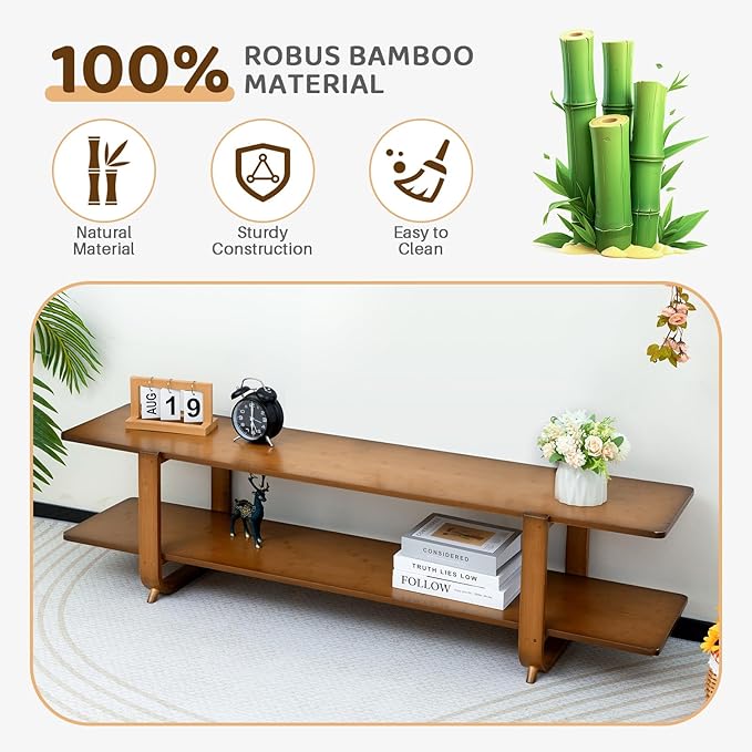 HollyHOME Bamboo TV Stand with Storage for TVs up to 65'', Modern Entertainment Center with 2 Open Shelf, Accent TV Media Console Table for Living Room, Bedroom, 55"(L), Walnut