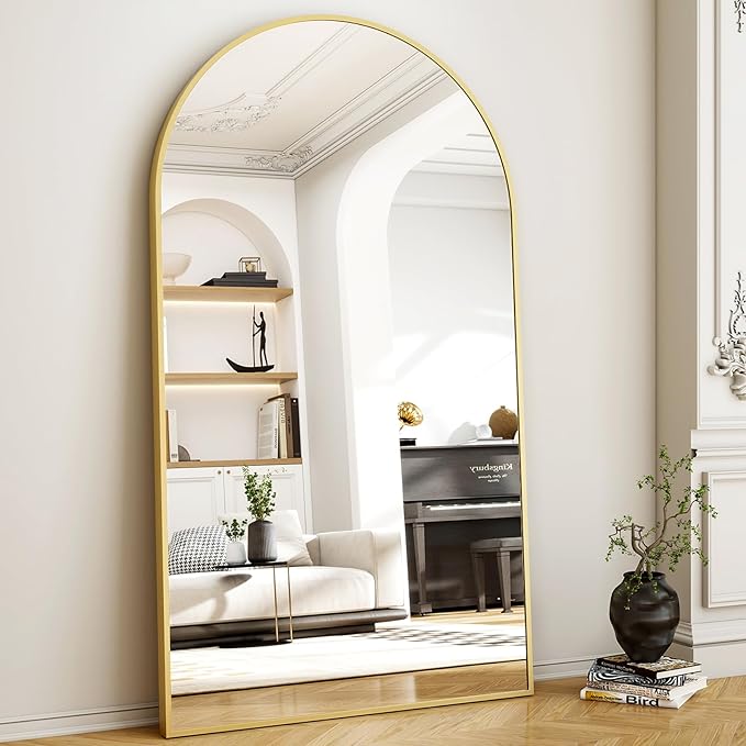 Easly 46"x76" Arched Full-Length Mirror, Oversized Floor Mirror with Stand, Freestanding or Wall-Mounted Full Body Mirror for Living Room, Bedroom, or Cloakroom, Gold