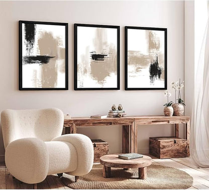 Joocrise Beige Abstract Wall Art Painting Set of 3 Neutral Canvas Wall Art Prints Black Beige Modern Wall Decor Minimalist Art Pictures Abstract Modern Artwork for Room Bedroom 12x16 Inch Wood Framed