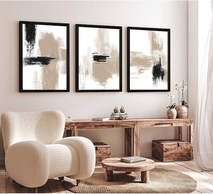 Joocrise Beige Abstract Wall Art Painting Set of 3 Neutral Canvas Wall Art Prints Black Beige Modern Wall Decor Minimalist Art Pictures Abstract Modern Artwork for Room Bedroom 16x24 Inch Wood Framed