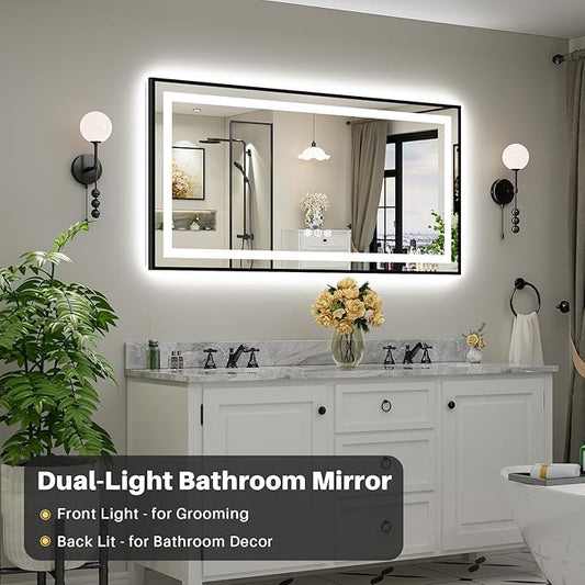 60x30 Inch LED Bathroom Mirror with Black Frame, Backlit & Front Lit, Anti-Fog Lighted Bathroom Vanity Mirror for Wall, Memory Function, Dimmable, HD Tempered Glass, Shatter-Proof