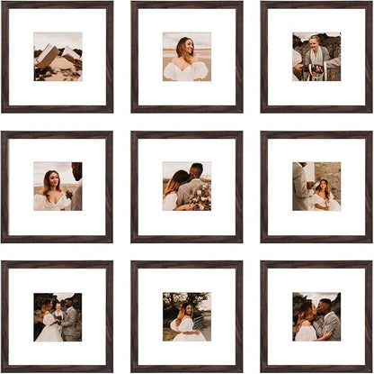 8x8 Picture Frame Set of 9, Display Pictures 4x4 with Mat or 8x8 without Mat, Multi Collage Gallery Square Photo Frames for Wall or Tabletop, Brown
