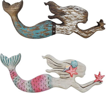 Veclotch Wood Mermaid Nautical Beach Wall Decor, Rustic Mermaid Wooden Hanging Coastal Wall Art Sculpture for Home, Lake House, Ocean Bathroom Decor