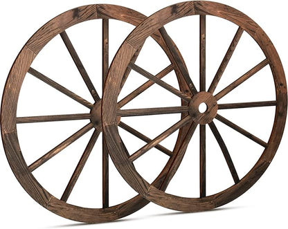 Qunclay 2 Pcs Wagon Wheel Decor Wooden Western Cowboy Party Decorations Vintage Rustic Wagon Wheel Wood Cartwheel Decor for Bar Garage Indoor Outdoor (Brown,18 Inch)