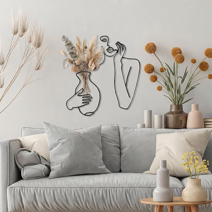 Pelopy Black Metal Wall Decor, Abstract Woman Wall Art, Minimalist Line Vase Decor, Modern Aesthetic Metal Women Art for Home Bedroom Bathroom Living Room