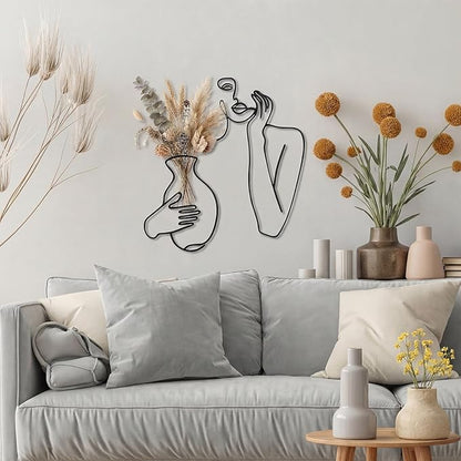 Pelopy Black Metal Wall Decor, Abstract Woman Wall Art, Minimalist Line Vase Decor, Modern Aesthetic Metal Women Art for Home Bedroom Bathroom Living Room