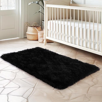 qulint Black Rug for Bedroom, 2x3 Small Area Rugs for Boys Room Soft Shag Fuzzy Rug for Living Room, Plush Shaggy Alfombras for Kids Boys and Girls Dorm Kid Room Home Decor (2ft x 3ft, Black)
