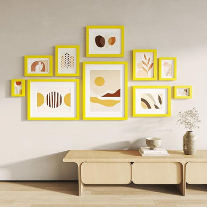 KINLINK 8x10 Picture Frame Yellow, Solid Wood Frames with Acrylic Plexiglass for Pictures 4x6/5x7 with Mat or 8x10 without Mat, Tabletop and Wall Display Photo Frame, Set of 4
