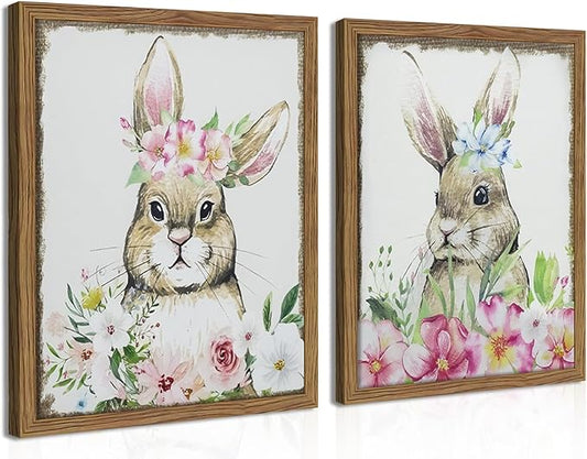 Framed Vintage Easter Wall Art Decor, Easter Bunny Picture Wall Decorations Set of 2, Spring Rustic Rabbit Poster Prints Painting for Kids Room Living Room Bedroom 16x24 Inch