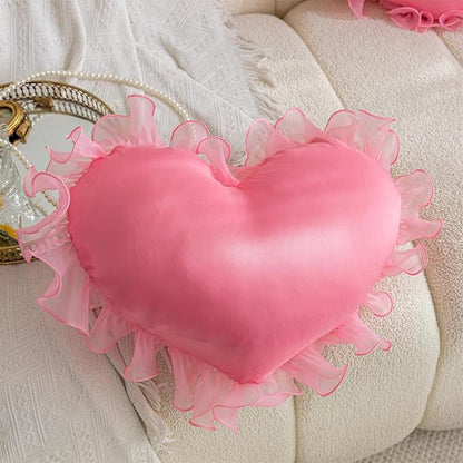 MOJUN Heart Pillow, Pink Ruffles Design Love Throw Pillows Decorative Pillows for Bed Couch Cute Room Decor Heart Shaped Throw Pillow Cushion for Living Room Bedroom Gifts Pillows
