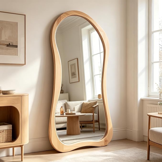 Irregular Full Length Mirror, 71"x33.5" Asymmetrical Full Body Mirrors with Solid Wood Frame, Premium Oversized Organic Floor Mirror for Living Room Entryway Cloakroom, Leaning/Hanging