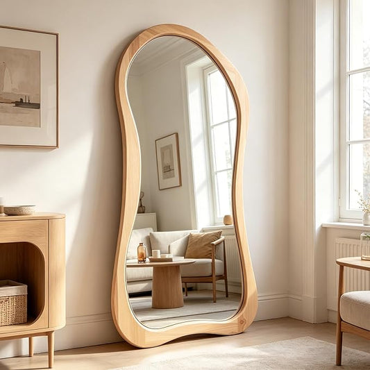 Large Irregular Mirror, 67"x31.5" Asymmetrical Full Body Mirrors with Solid Wood Frame, Premium Organic Aesthetic Floor Mirror for Living Room Entryway Hallway Cloakroom, Leaning/Hanging