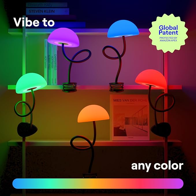 Shroommate Clip On Light and Bed Headboard Lamp, Bedside Table Lamp for Dorm, College Dorm Room Essentials, Night Light for Kids Nursery, Clip on for Desk, MultiColor LEDs, Adapter Included (Black)