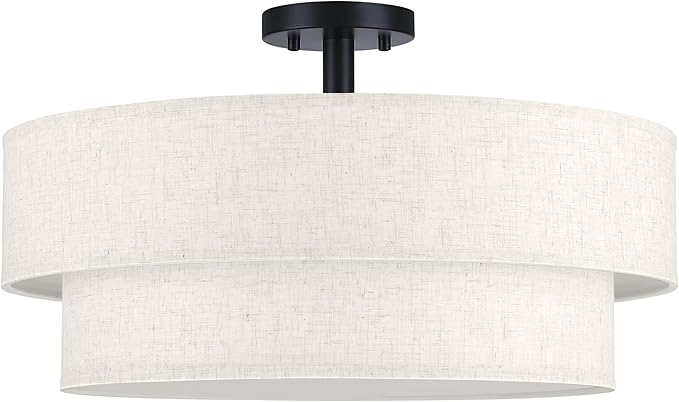 22 Inch LED 28W Adjustable 3000/4000/5000 Black Double Drum Linen Fabric Shade Semi Flush Mount Close to Ceiling Light Fixture for Bedroom,Living Room,Dining Room Hallway