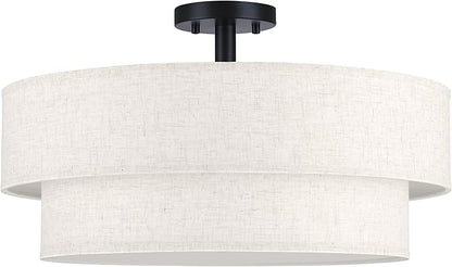 22 Inch LED 28W Adjustable 3000/4000/5000 Black Double Drum Linen Fabric Shade Semi Flush Mount Close to Ceiling Light Fixture for Bedroom,Living Room,Dining Room Hallway
