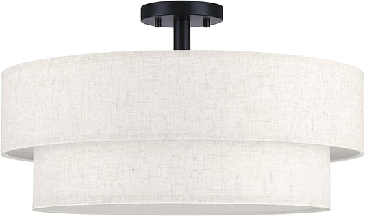 22 Inch LED 28W Adjustable 3000/4000/5000 Black Double Drum Linen Fabric Shade Semi Flush Mount Close to Ceiling Light Fixture for Bedroom,Living Room,Dining Room Hallway