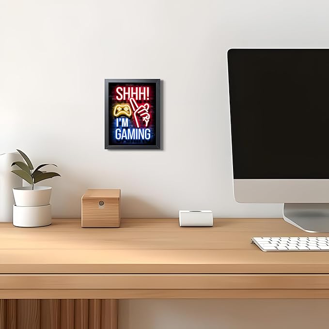 Framed Funny Gamer Wall Art, Boys Game Room Wall Decor, Shhh I’m Gaming Neon Canvas Print Painting, Colorful LED Style Gaming Room Decor Oil Painting for Kids Teens Bedroom 8x10 Inch