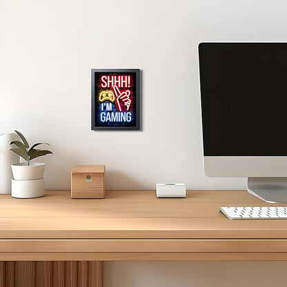 Framed Funny Gamer Wall Art, Boys Game Room Wall Decor, Shhh I’m Gaming Neon Canvas Print Painting, Colorful LED Style Gaming Room Decor Oil Painting for Kids Teens Bedroom 8x10 Inch