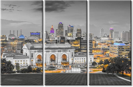American Cityscape Home Decor Posters and Prints Kansas City Missouri Skyline of Monuments and Highways Wall Art for Living Room 3 Pieces Black and White Wall Art Framed Ready to Hang (42"Wx28"H)