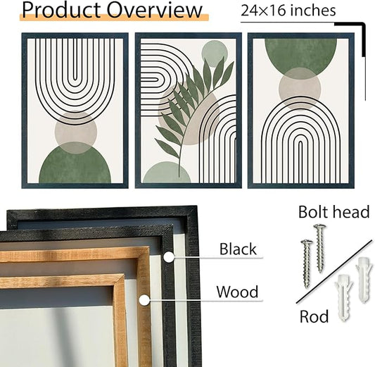 SRSZHIYUE Sage Green Boho Wall Art 24"×16" Set of 3 Geometric Line Leaf Sun Moon Sign for Master Bedroom Office Wall Hanging Decor (Black)