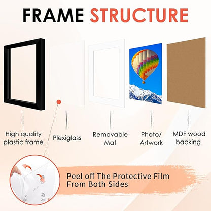FIXSMITH 11x14 Picture Frame Set of 6, Black Photo Frames Bulk with HD Plexiglass, Display Pictures 8x10 with Mat or 11x14 Without Mat, Multi Picture Frames Collage for Wall Decor