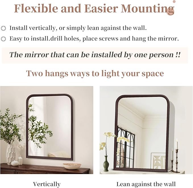 Arched Bathroom Mirror for Wall,24 x 36 inch Hanging Vanity Dark Walnut Brown Tempered Mirrors with Rounded Corner for Living Room,Bedroom,Entryway