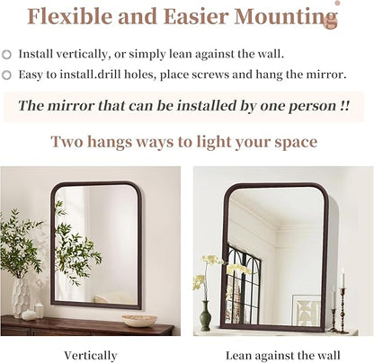 Arched Bathroom Mirror for Wall,24 x 36 inch Hanging Vanity Dark Walnut Brown Tempered Mirrors with Rounded Corner for Living Room,Bedroom,Entryway
